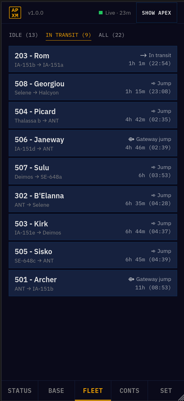 Fleet list with flight status and ETA countdowns