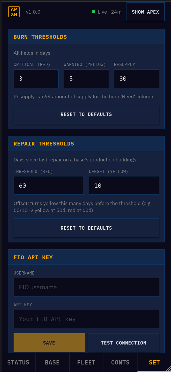 Settings — burn and repair thresholds and FIO key