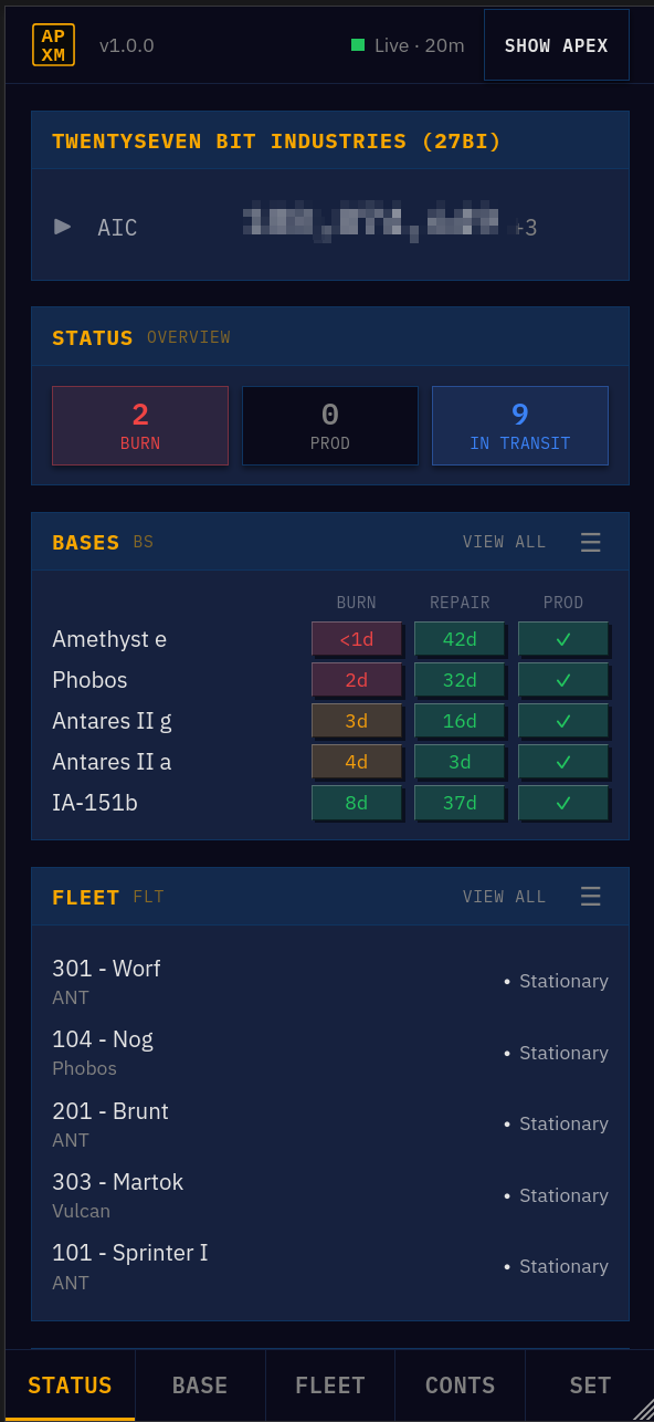 APXM status dashboard — company, attention bar, bases and fleet